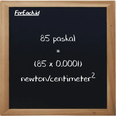 Cara konversi paskal ke newton/centimeter<sup>2</sup> (Pa ke N/cm<sup>2</sup>): 85 paskal (Pa) setara dengan 85 dikalikan dengan 0.0001 newton/centimeter<sup>2</sup> (N/cm<sup>2</sup>)